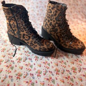 Olivia Miller Leopard Print Lace-Up Combat Boots - Size 9